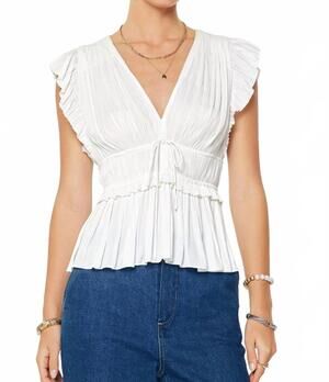 NEW CURRENT AIR pleated peplum v-neck blouse in white